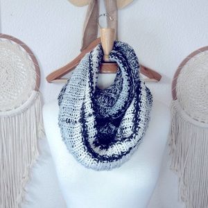 Wooden ships gray and dusty light blue mohair blend open knit infinity scarf